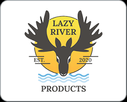 Lazy River Products logo: stylized deer head in a yellow sun above blue waves, with EST. 2020 and the word PRODUCTS.