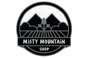 Logo: circular Misty Mountain Shop badge with stylized mountains and trees in black and white.