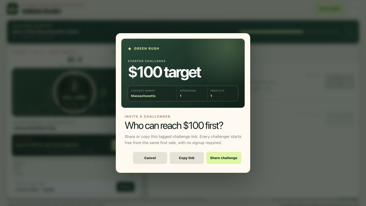 Green Rush player challenge screen inviting another player to reach $100 first