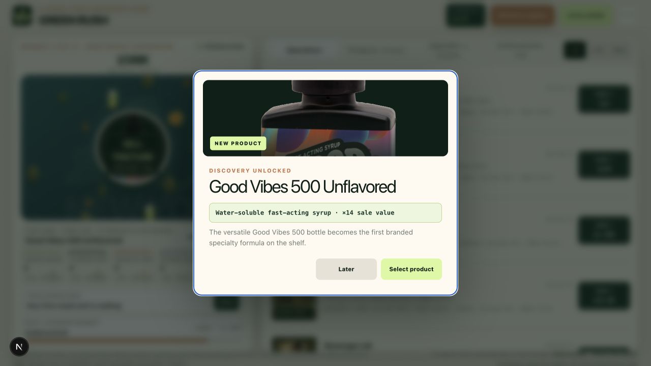 Green Rush Discovery unlocked modal for the Good Vibes 500 Unflavored bottle