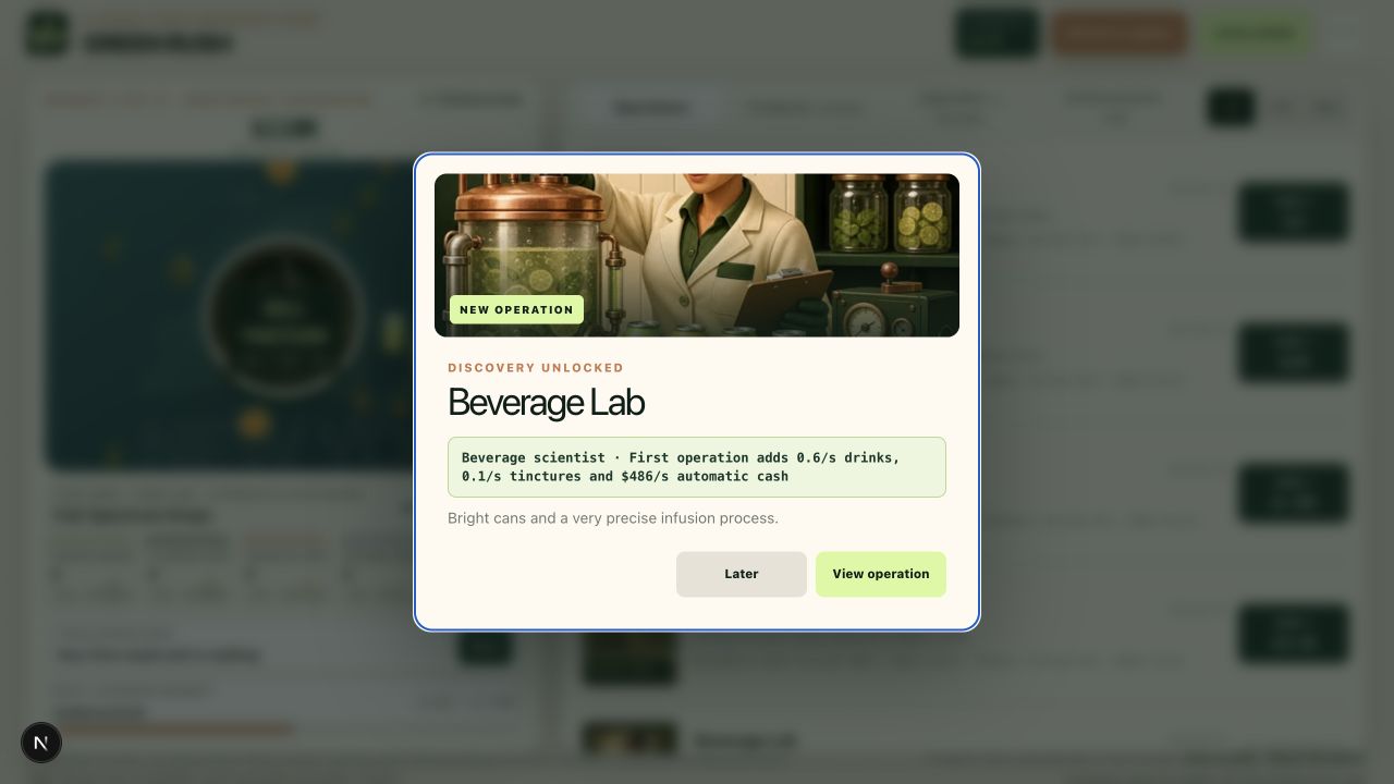 Green Rush Discovery unlocked modal for the Beverage Lab operation