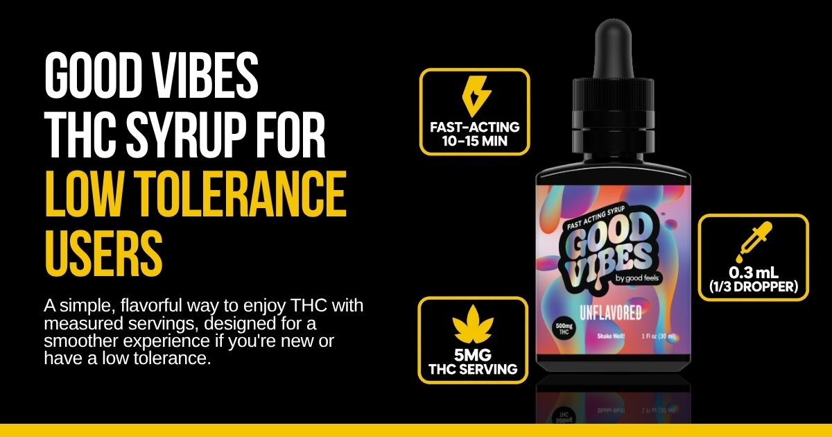 Good Vibes THC Syrup graphic explaining use for consumers with low THC tolerance