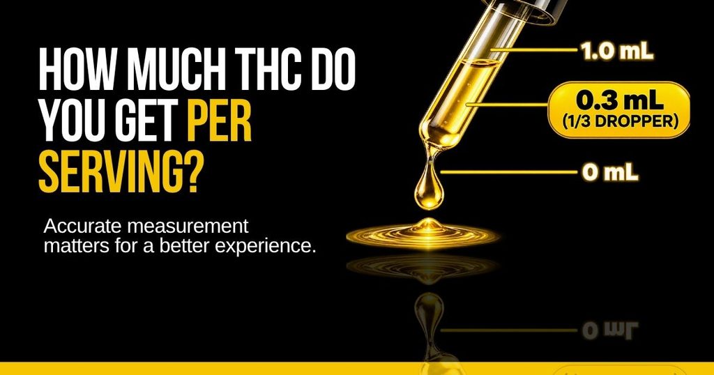 Dropper dispensing Good Vibes THC syrup with a visual guide showing the 0.3 mL serving size and dosage measurement.