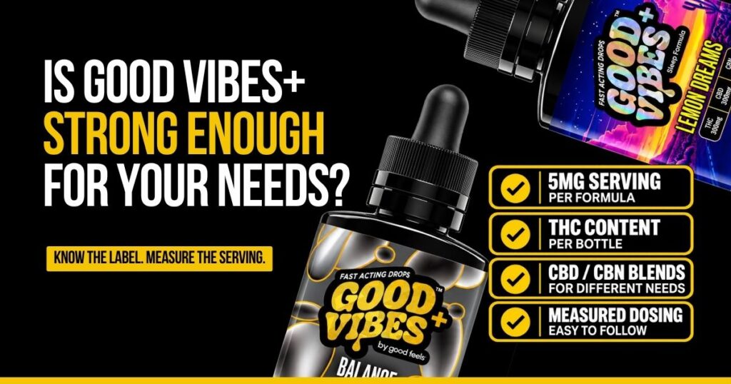 Good Vibes+ THC drops strength guide showing serving sizes and formula options.