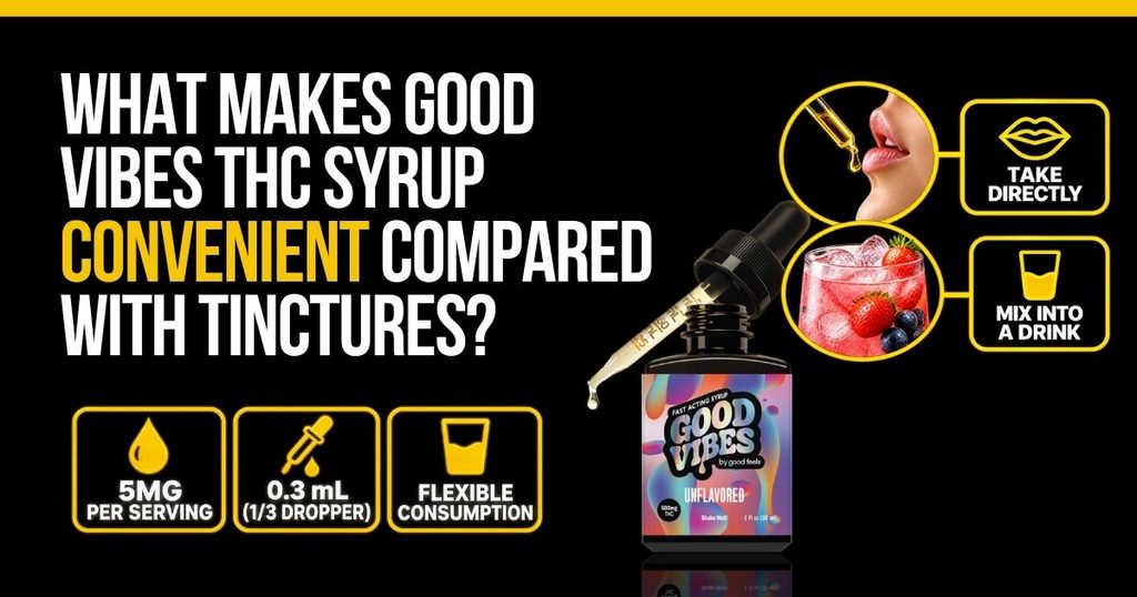 Good Vibes THC syrup bottle with infographic highlighting its measured serving, portability, and convenience compared with tinctures.